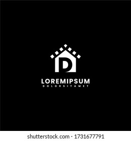 Diseño de iconos modernos y sencillos en casa D en color blanco con fondo negro