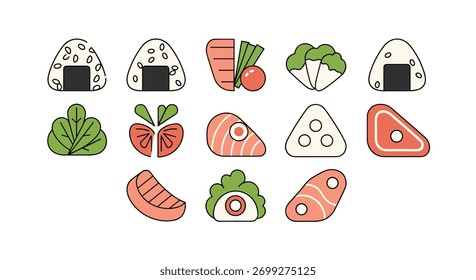 Modern and simple icon set of Japanese food items, including onigiri, salmon, meat, and fresh vegetables in a flat design.