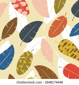 Modern simple illustration. Multicolored feathers on a light background. Design logo print. Template for your business.