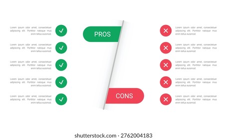 A modern, simple infographic template for side-by-side comparison of pros vs cons. Utilize this graphic design element for analysis and decision-making presentations.