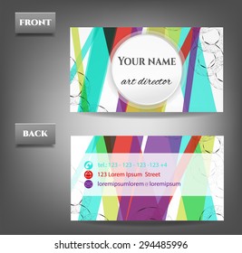 Modern, simple, isolated, geometric, striped, white, blue, green, violet, red, business card - front, back with pattern - dark circles, text, gray background
