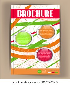 Modern, simple, isolated, striped, template design, brochure, report, book, flyer with red, orange, green, white stripes, colorful labels with text, brown background