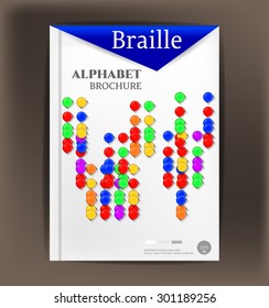 Modern, simple, isolated, template design, brochure, report, book, flyer with colorful dots with shadows, text Braille Alphabet, dark background   