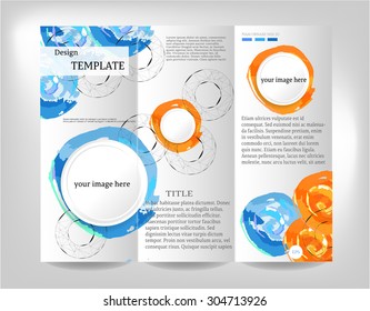 Modern, simple, isolated, template design, brochure, report, book, flyer with white labels with text, blue, orange, watercolor shapes, bright background