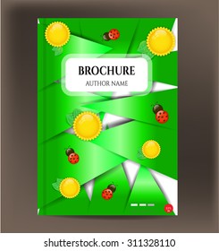 Modern, simple, isolated, template design, brochure, report, book, flyer with yellow flowers with green leaves, red ladybugs, green triangles with shadows, dark background