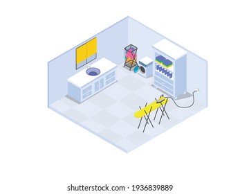 Modern simple laundry room with washing machine and iron, isometric vector concept