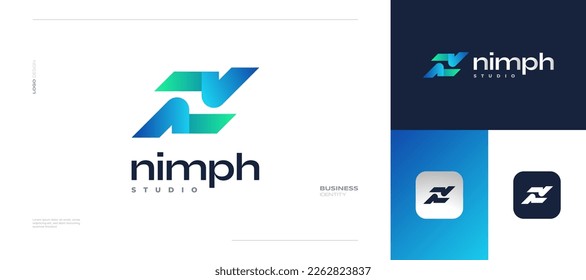 Diseño de logotipo de letra N moderna y simple en combinación degradado azul y verde. Identidad de marca adecuada para empresas y tecnología