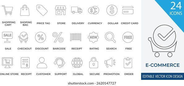 A modern simple line icon set designed for e-commerce and online shopping platforms. This collection features shopping carts, bags, price tags, store icons, delivery services and currency