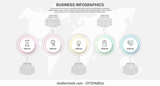 Modern and simple line vector illustration. Infographic template with five circles, elements, sectors and percentages. Designed for business, presentations, timeline, web design 5 step diagrams
