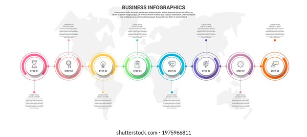 Modern and simple line vector illustration. Infographic template with eight circles, elements and percentages. Designed for business, presentations, timeline, interface 8 step diagrams