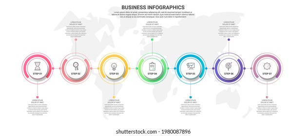 Modern and simple line vector illustration. Infographic template with seven circles, elements. Designed for timeline, web design, banner, levels, chart, interface 7 step diagrams