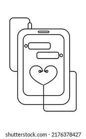 a modern simple linear contour symbolizing an online medical consultation to improve mental health. An image of a chat in a phone and headphones connecting into a heart symbol