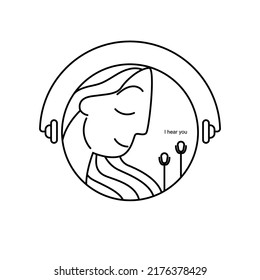 a modern simple linear contour symbolizing an online medical consultation to improve mental health. Image of a girl who listens to a doctor through headphones