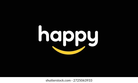 Ein modernes und einfaches Logo-Design mit dem Wort "glücklich" in weißem Text auf schwarzem Hintergrund. Ein subtiles gelbes Smiley-Gesicht ist darunter integriert
