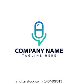 Modern and simple logo design for podcast medical with pill and mic concept