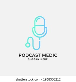 Modern and simple logo design for podcast medical with pill and mic concept