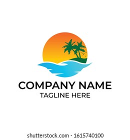 Modern and simple logo design for travel, sun and wave