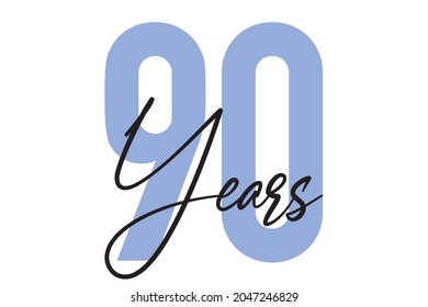 Modern, simple, minimal typographic design of a saying "90 Years" in blue and black colors. Cool, urban, trendy and playful graphic vector art with handwritten typography.