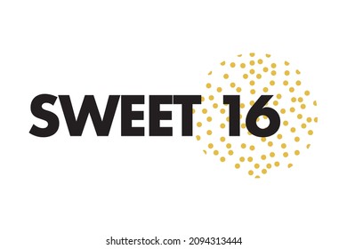 Modern, simple, minimal typographic design of a saying "Sweet 16" in yellow and black colors. Cool, urban, trendy and cute graphic vector art