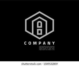 Modern, Simple and Minimalis Vector Logo Template of Building, House, or Construction with Silver Line Style in Trendy Isolated on Black Background.