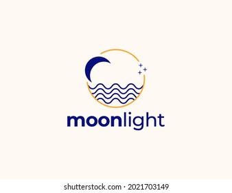 Modern simple moon and wave logo with circle. Clean and minimalist moon logo concept