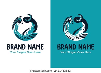 modern simple octopus in waves illustration vector logo design