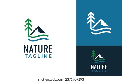 Modern Simple Outdoor Mountain Tree Forest Lake River Flow Wave Logo Design Branding Template