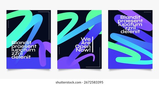 Modern and Simple Poster Design Set, with Green, Blue and Purple Gradient Wavy Lines. Abstract Design for Cover, Flyers, Brochures, Banners and Poster Template