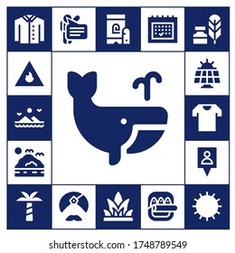 Modern Simple Set of abstract Vector filled Icons. Contains such as Shirt, Fire, Mountains, Whale, Sea, Solar panel, Gps, Palm tree and more Fully Editable and Pixel Perfect icons.