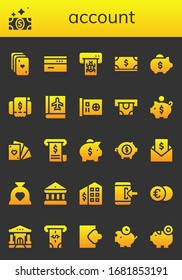 Modern Simple Set of account Vector filled Icons. Contains such as Cards, Bill, Card, Atm, Dollar, Piggy bank, Invoice, Passbook and more Fully Editable and Pixel Perfect icons.