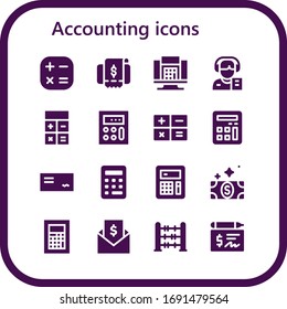 Modern Simple Set of accounting Vector filled Icons. Contains such as Calculator, Invoice, Reporter, Cheque, Bill, Abacus and more Fully Editable and Pixel Perfect icons.