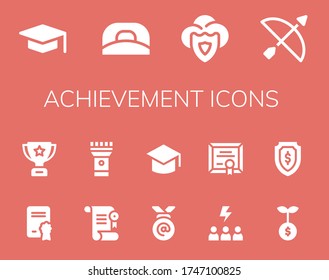 Modern Simple Set of achievement Vector filled Icons. Contains such as Graduation, Cap, Shield, Archery, Diploma, Trophy, Certificate and more Fully Editable and Pixel Perfect icons.