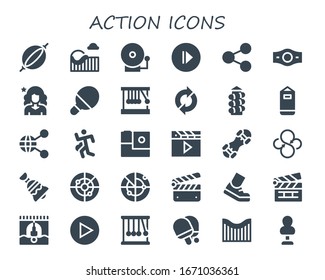 Modern Simple Set of action Vector filled Icons. Contains such as Punching bag, Roller coaster, Alarm bell, Play, Share, Champion belt and more Fully Editable and Pixel Perfect icons.