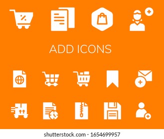 Modern Simple Set of add Vector filled Icons. Contains such as Shopping cart, File, Shopping, Add user, Trolley, Diskette, Bookmark and more Fully Editable and Pixel Perfect icons.