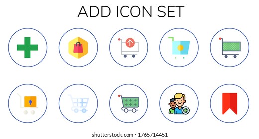 Modern Simple Set of add Vector flat Icons. Contains such as trolley, shopping, shopping cart, cart, add friend, bookmark and more Fully Editable and Pixel Perfect icons.