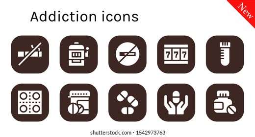 Modern Simple Set Of Addiction Vector Filled Icons. Contains Such As No Smoking, Slot Machine, Vial, Pills, Pill And More Fully Editable And Pixel Perfect Icons.