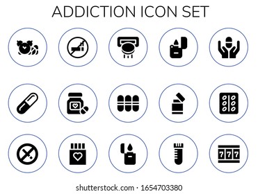 Modern Simple Set Of Addiction Vector Filled Icons. Contains Such As Pills, Pill, No Smoking, Slot Machine, Lighter, Drug, Vial And More Fully Editable And Pixel Perfect Icons.