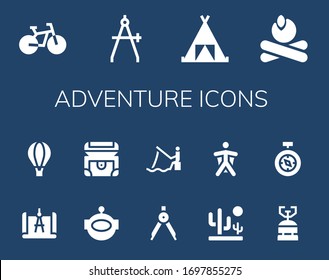 Modern Simple Set of adventure Vector filled Icons. Contains such as Bike, Compass, Tent, Campfire, Hot air balloon, Aqualung and more Fully Editable and Pixel Perfect icons.