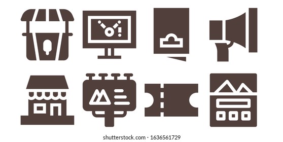 Modern Simple Set of advertising Vector filled Icons. Contains such as Shop, Stand, Billboard, Display, Coupon, Flyer, Landing page and more Fully Editable and Pixel Perfect icons.