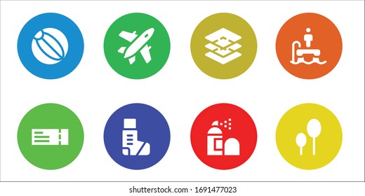 Modern Simple Set of air Vector filled Icons. Contains such as Beach ball, Plane ticket, Plane, Inhaler, Layers, Spray, Flyboard and more Fully Editable and Pixel Perfect icons.