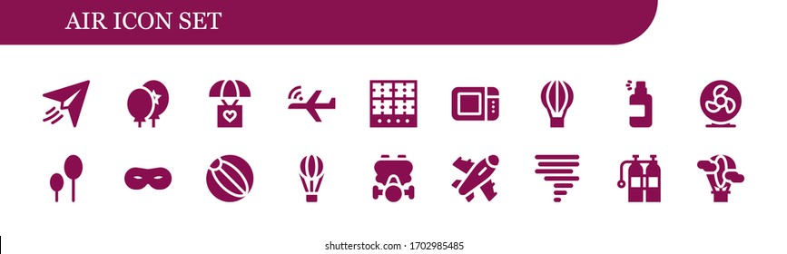 Modern Simple Set of air Vector filled Icons. Contains such as Paper plane, Balloons, Parachute, Aeroplane, Burner, Microwave oven and more Fully Editable and Pixel Perfect icons.