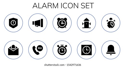 Modern Simple Set of alarm Vector filled Icons. Contains such as Warning, Notification, Megaphone, Emergency call, Alarm clock and more Fully Editable and Pixel Perfect icons.
