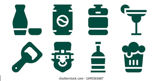 Modern Simple Set of alcohol Vector filled Icons. Contains such as Bottle opener, Sake, Leprechaun, Can, Rum, Beer keg, Beer, Cocktail and more Fully Editable and Pixel Perfect icons.