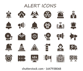 Modern Simple Set of alert Vector filled Icons. Contains such as Bell, Dangerous, Biohazard, Radioactive, Siren, Security, Megaphone and more Fully Editable and Pixel Perfect icons.