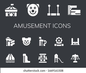 Modern Simple Set of amusement Vector filled Icons. Contains such as Circus, Clown, Trapeze, Trampoline, Slide, Waterpark, Roller coaster and more Fully Editable and Pixel Perfect icons.