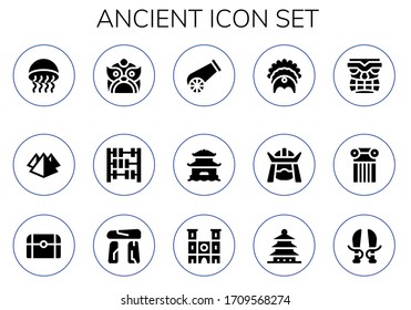 Modern Simple Set of ancient Vector filled Icons. Contains such as Medusa, Pyramid, Dragon, Abacus, Cannon, Pagoda, Headdress and more Fully Editable and Pixel Perfect icons.
