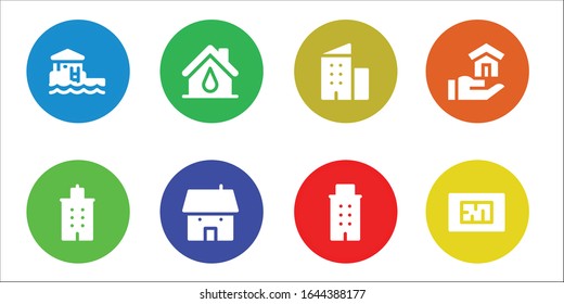 Moderno y sencillo conjunto de apartamentos Vector llenos de Iconos. Contiene iconos como Bungalow, Building, House, Blueprint y más Completamente Editable y Pixel Perfect.