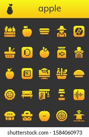 Modern Simple Set of apple Vector filled Icons. Contains such as Fruit, Pear, Apple, Lunch box, Gardener, Picnic, Fish food, Education and more Fully Editable and Pixel Perfect icons.