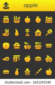 Modern Simple Set of apple Vector filled Icons. Contains such as Fish food, Gardener, Picnic, Apple, Fruit, Education, Pear, Garden and more Fully Editable and Pixel Perfect icons.