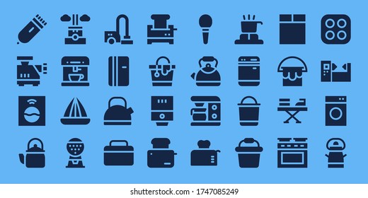 Modern Simple Set of appliance Vector filled Icons. Contains such as Electric razor, Meat grinder, Washing machine, Kettle, Chimney and more Fully Editable and Pixel Perfect icons.